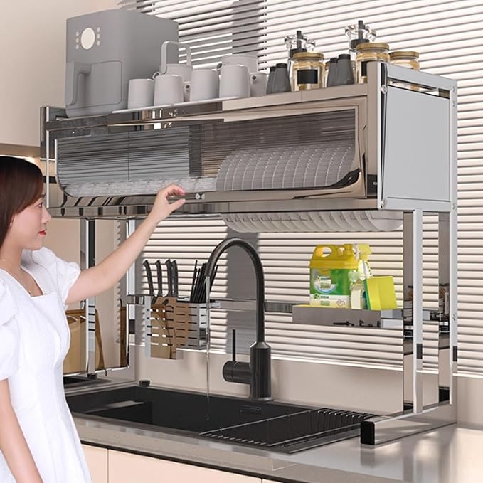 Home Furnishing Dish Rack Over Sink Stainless Steel Over The Sink Dish Drainer Drying Rack Space Kitchen Sink Rack Multifunctional countertop Dish Storage Rack Sink(Metallic,105cm/41.3in)
