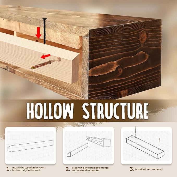 60x8x5 Fireplace Mantel - Handcrafted Hollow Rustic Solid Wood Wall Mounted Floating Shelf with Invisible Heavy Duty Wood Bracket (Weathered Brown)