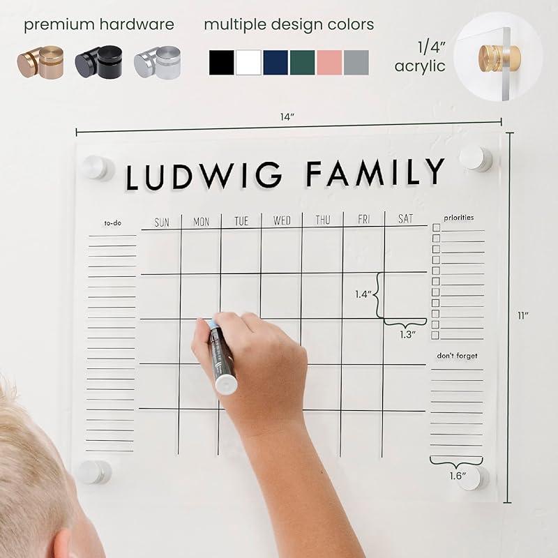Personalized Clear Acrylic Calendar for Wall, Calendar Whiteboard for Wall, Dry Erase Wall Calendar, Wall Calendar Organizer System for Home (Block, Jade, 14