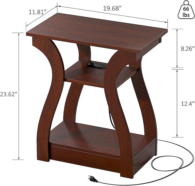 End Tables Living Room, Cherry End Table with Charging Station, Nightstand for Bedroom, 3 Tier End Table with Storage Shelf for Living Room(Cherry)