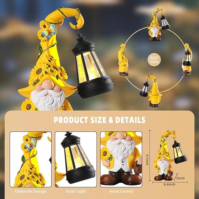Solar Garden Decor - Sunflower Gnome Statue with Lantern 9.1