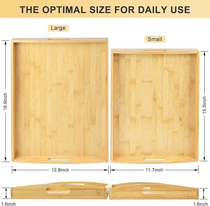 Bamboo Serving Tray Set of 2 Elegant for Coffee, Eating or Decor - Large and Small Rectangle Serving Trays with Handles - Wood Serving Tray Suitable for Home, Kitchen and Outdoor