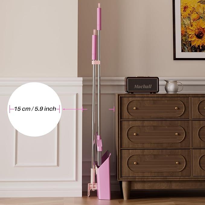 JOYMOOP Pink Broom and Dustpan Set, Upright Angle with Built-in Comb Teeth for Kitchen, Lobby, Pet Hair and Hard Floors