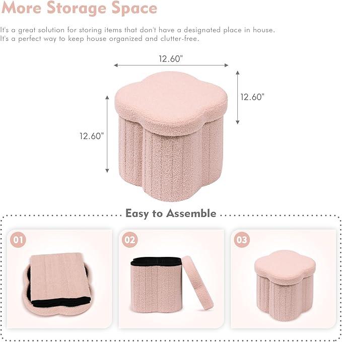 B FSOBEIIALEO Storage Ottoman Cube, Flowers Shaped Ottomans with Storage Foot Stool Footrest for Lving Room, Boucle Ottoman Seat for Dorm Room,Faux Teddy Fur, Pink 12.6