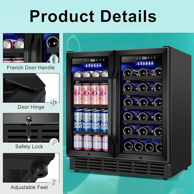 30 Inch Wine and Beverage Refrigerator, Upgrade Dual Zone Wine Cooler, 30'' Wine beverage Fridge Built in or Freestanding Under Counter Large Capacity Glass Door Advanced Cooling System,Black
