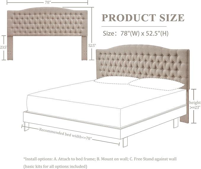 Linen Upholstered Headboard King/Cal King Size Latest Model Wall Mount, Bed Frame Mount, Featuring High-Density Sponge Padding, Luxury Texture Easy Assembly Comfort and Style-Linen