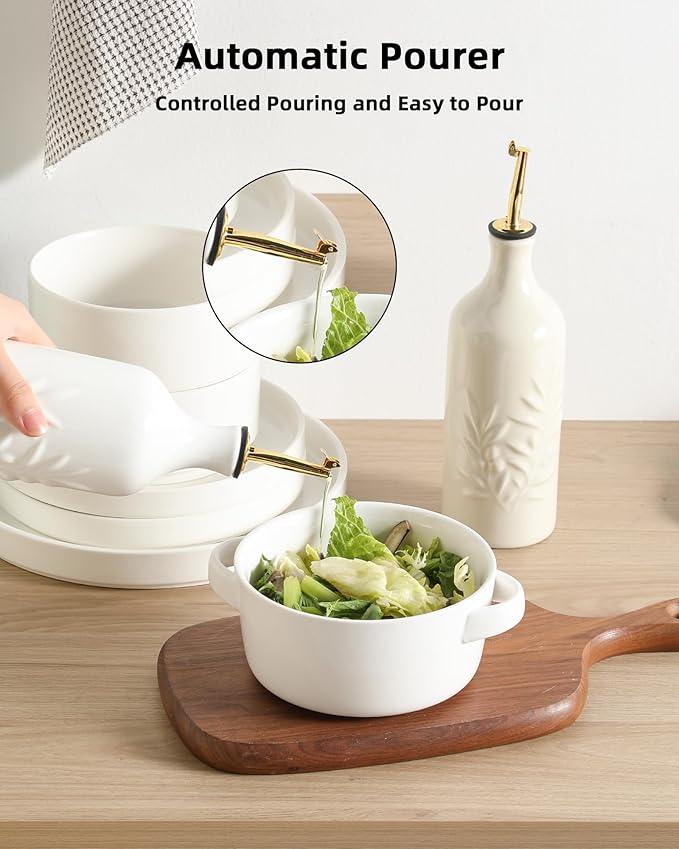 Sweejar Ceramic Olive Oil Dispenser Bottle 20 Oz Relief Opaque Oil Cruet Protects To Reduce Oxidation Suitable for Storage Vinegar, Soy Sauce, Coffee Syrup, Liquids, Set of 1 (White Gold Spout)