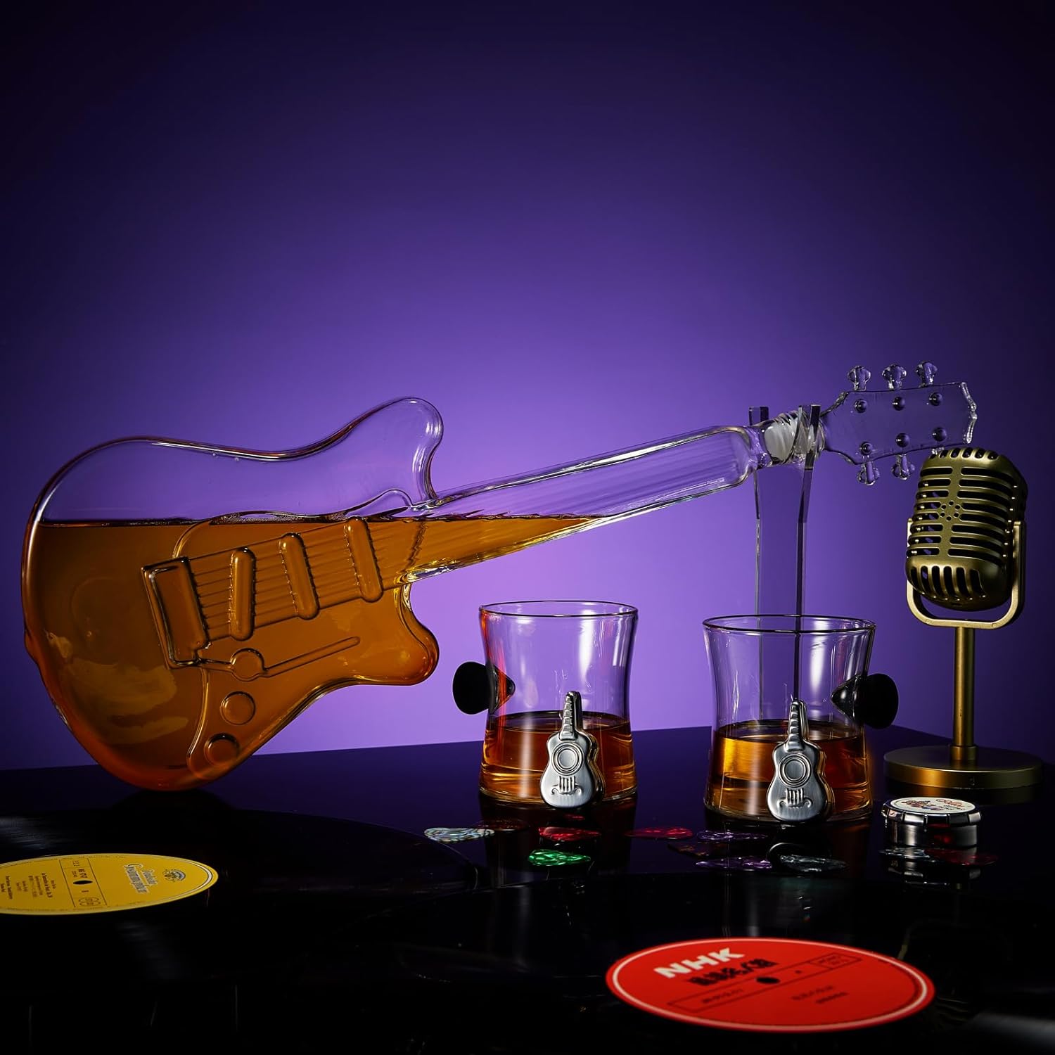 Electric Guitar Whiskey & Wine Decanter with 2 Pick Whiskey Glasses, Acrylic Stand & Case - 34 OZ Glass 16