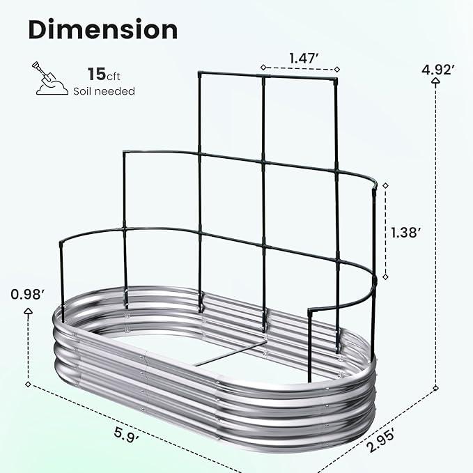 KING BIRD Raised Garden Bed with Wall Trellis Galvanized Planter Garden Box Outdoor for Gardening, Climbing Vegetables, Flowers 5.9x2.95x0.98 Ft, Silver