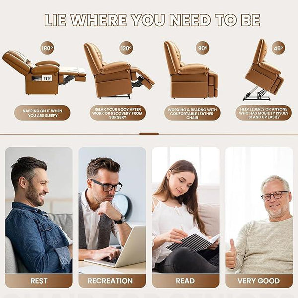 Large Dual Motor Power Lift Recliner Chair with Massage and Heat for Elderly People, Infinite Position,USB Ports and Remote Control,Breathable Leather (Light Brown)