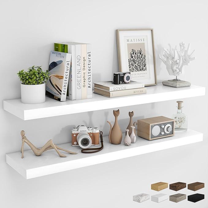 RICHFOCUS 48Inch Floating Shelves for Wall 2 Pack Shelves for Bedroom|Kitchen|Bathroom Wall Mounted Rustic Wood Floating Shelf with Invisible Brackets for Books|Storage|Decor, White