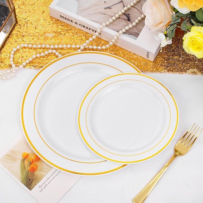 FLOWERCAT 60PCS Gold Plastic Plates - Heavy Duty White and Gold Plastic Plates Disposable for New Year/Thanksgiving Party/Wedding - Include 30PCS 10.25