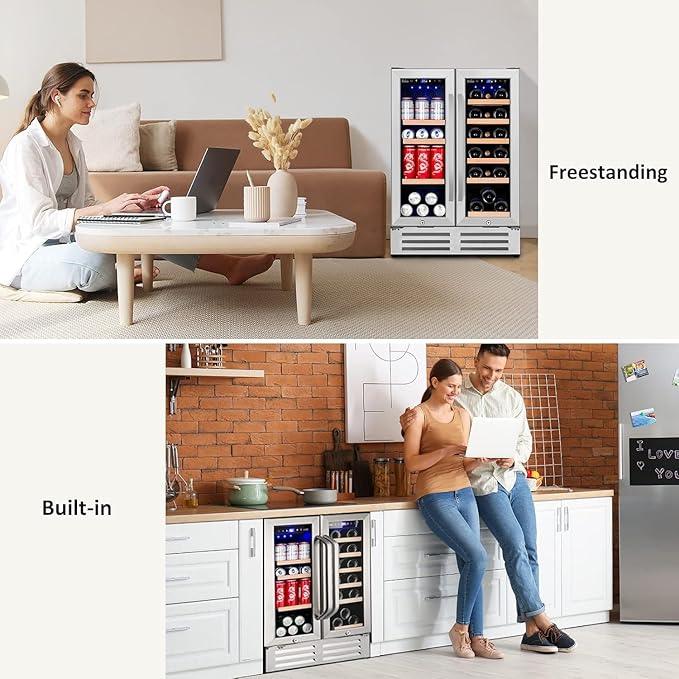 Wine and Beverage Refrigerator, 24 Inch Dual Zone Fridge with Glass Door, Built-In Cooler with Powerful and Quite Cool System/18 Bottles and 88 Cans Capacity Bverage Cooler