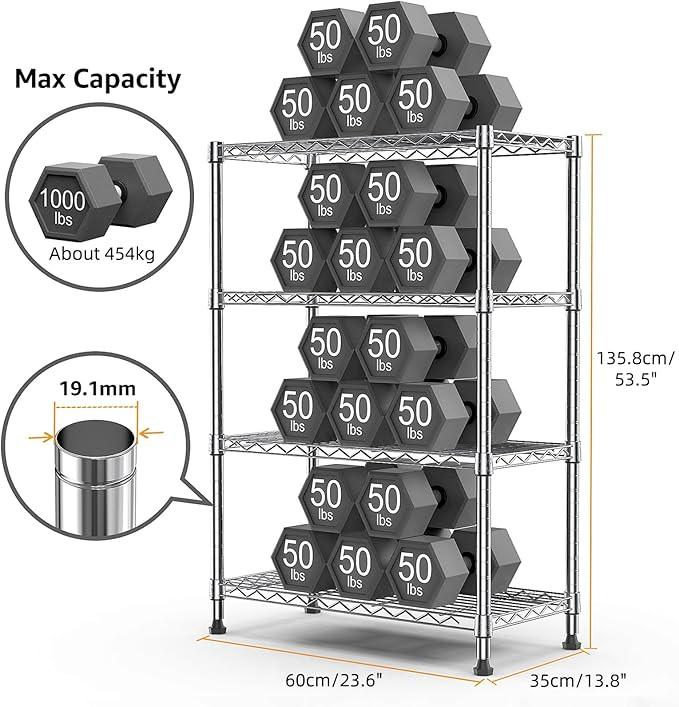 1000 lbs Storage Shelving 4-Tier Utility Shelving Unit Steel Organizer Wire Rack for Home,Kitchen,Office,Chrome (13.7