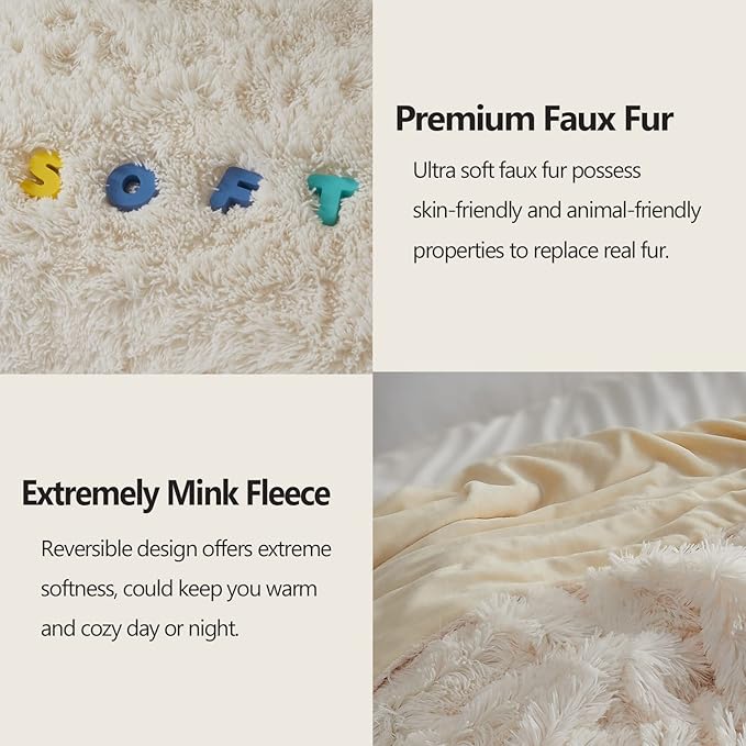 GONAAP Fuzzy Faux Fur Throw Blanket Twin Size Ivory Super Soft Cozy Plush Fuzzy Shaggy Blanket for Couch Sofa Bed (Ivory, Twin(60