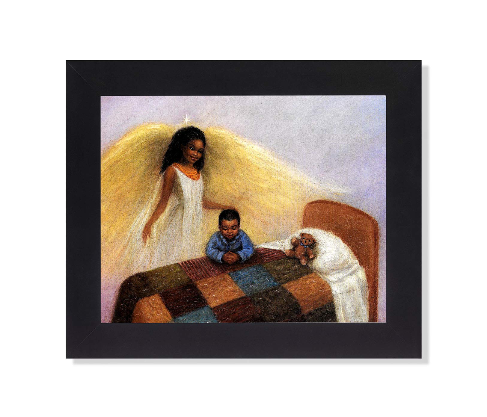 Black Framed Art Print – African American Guardian Angel Praying Boy 8x10 Wall Art