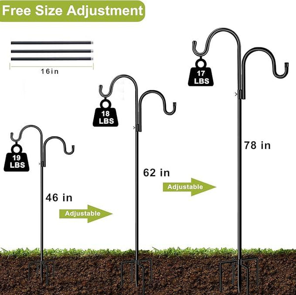 Double Shepherds Hook for Outdoor,78 Inch Bird Feeder Pole with 5 Prongs Base,Adjustable Heavy Duty Garden Hanging Holder for Hanging Plant,Solar Light,Weddings Decor,Hummingbird Feeder（1 Pack）