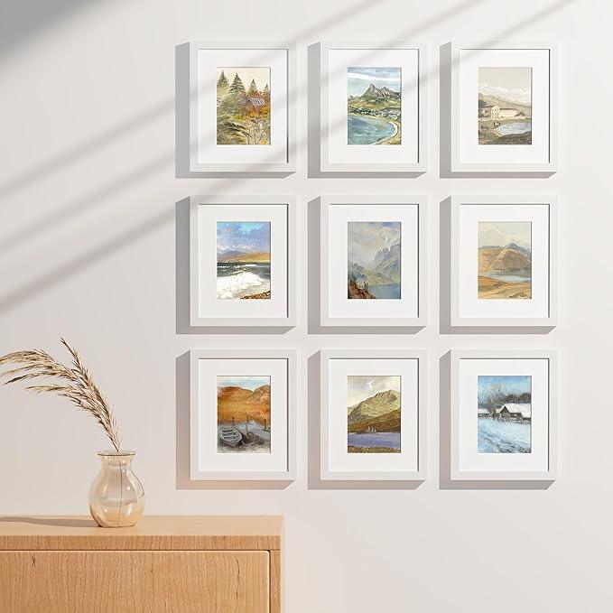 Vittanly 8x10 Picture Frames Set of 9, Shatter Resistant Plexiglass, Display 5x7 Pictures with Mat or 8x10 without Mat, Photo Frames for Wall or Tabletop, Engineered Wood, White
