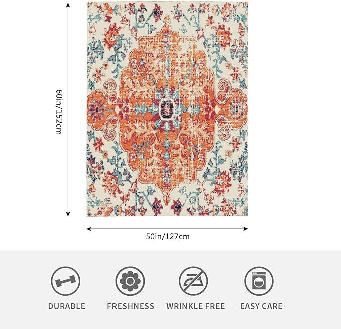 HGOD DESIGNS Carpet Pattern Throw Blanket Boho Style Ethnic Design Orange Blue Soft Blankets and Throws 50x60 Inch Caring for Women Men (130x150cm)