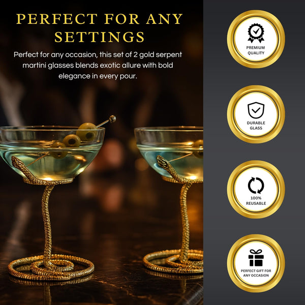 Snake Serpent Cocktail Glasses - 2 Set Gold Design Unique Reptile Inspired Barware
