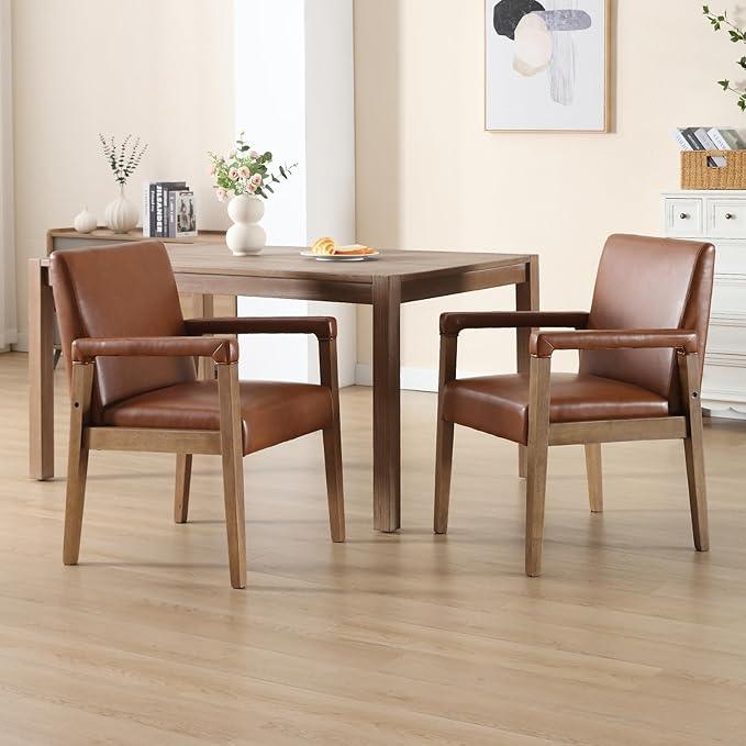 Mid Century Modern Dining Chairs Set of 4 Faux Leather Upholstered Living Room Side Chair, Kitchen Arm Chair with Solid Wood Legs for Home Kitchen & Restaurant, PU Brown