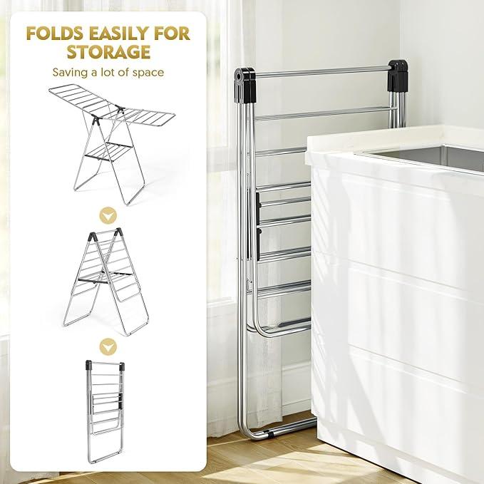 APEXCHASER Clothes Drying Rack, Drying Rack Clothing with Height-Adjustable, Foldable Gullwings Laundry Rack, Indoor Outdoor Use, No Assembly,Black