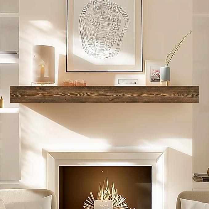 60x8x3 Fireplace Mantel - Handcrafted Hollow Rustic Solid Wood Wall Mounted Floating Shelf with Invisible Heavy Duty Wood Bracket (Weathered Brown)