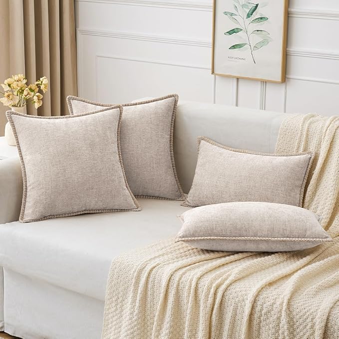 MIULEE Pack of 2 Couch Throw Pillow Covers 20x20 Inch Light Brown Farmhouse Decorative Pillow Covers with Stitched Edge Soft Chenille Solid Dyed Pillow Covers for Sofa Bed Living Room