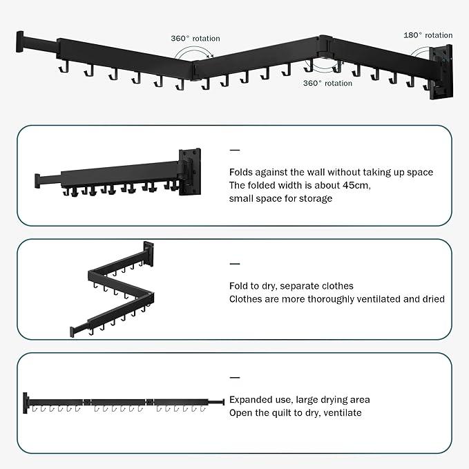 Clothes Drying Rack,Laundry Drying Rack Wall Mount, Space Saver Clothes Rack,Retractable,Collapsible(Tri-Fold), for Balcony,Laundry,Bathroom, Dark Grey Color,3z-g02
