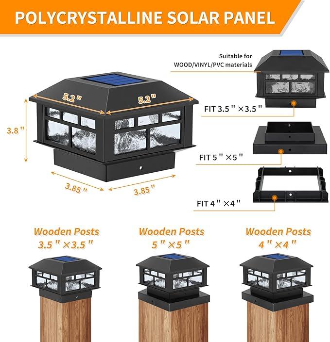 Solar Post Cap Lights Outdoor, 20LM Fence Post Cap Lights, 3.5x3.5 4x4 5x5 Inch Wooden Post Solar Lights Waterproof, Deck Lights Solar Powered for Garden Deck Patio Decoration(Black 2 Packs)