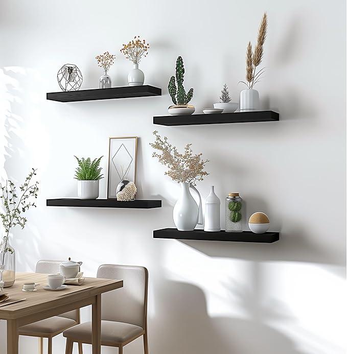 Wood Floating Shelves for Wall Decor, Rustic Wall Shelves for Bedroom Bathroom Kitchen Living Room, Set of 6 Black
