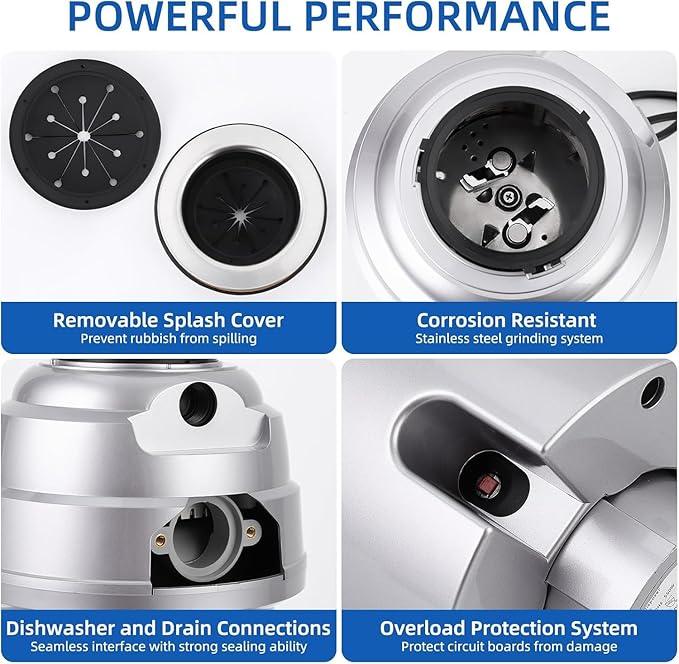 Powerful 1HP Stainless Steel Garbage Disposer, Dishwasher-Friendly and Continuous Feeding Waste Disposer, Grinding Material Four-Stage Grinding, Silver