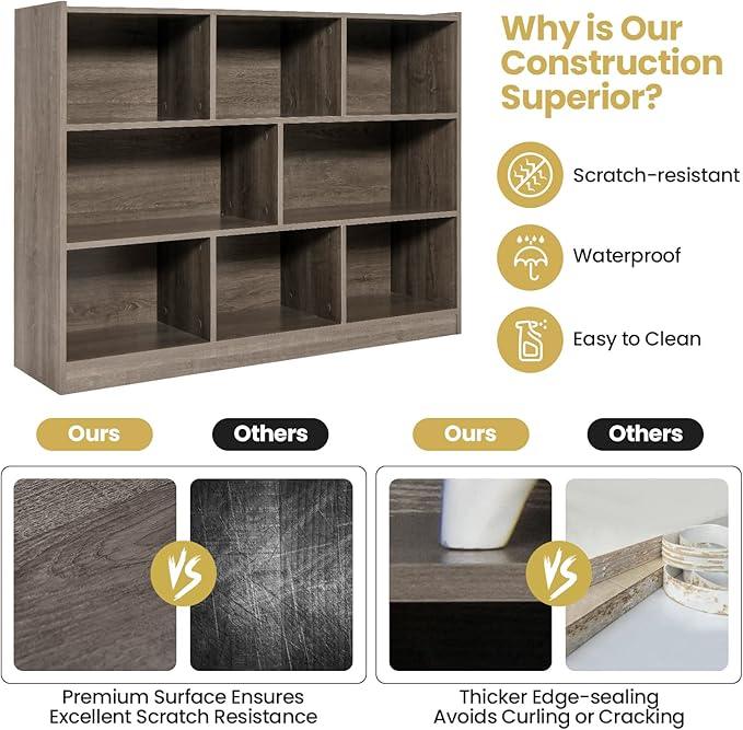 Tangkula 8-Cube Bookcase, Wood 3 Tier Open Storage Bookshelf, Modern Multipurpose Display Cabinet for Living Room, Study, Reading Nook, 48 x 12.5 x 36.5 Inch, Grey
