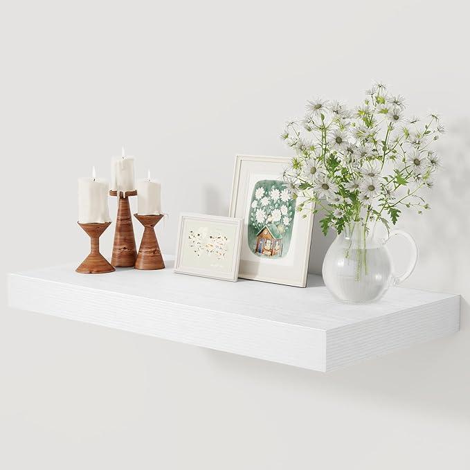 12 Inch Deep White Floating Shelves, 24 x 12 Floating Shelf for Books, Rustic Wood Deep Wall Shelves for Home Storage & Display, 2