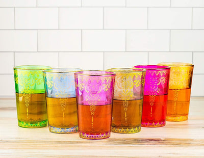 The Wine Savant Moroccan Glasses Artisan Hand-Made Multipurpose 170 ml 6 oz Tea and Wine Morrocan Tumbler Marrakech & Casablanca Tea Cups Set of 6 (6 Colors)