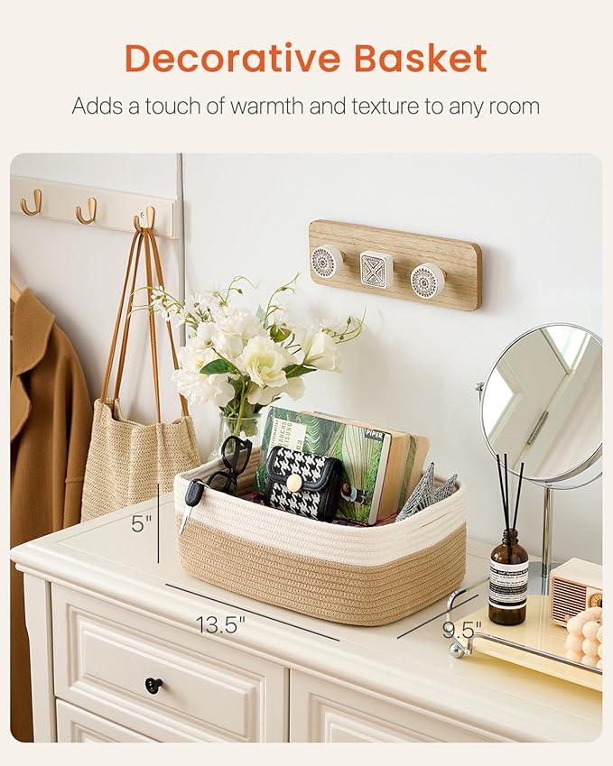 KALLAX Small Woven Basket, 13.5 x 9.5 x 5 Inches, Storage Basket for Organizing, Cute Small Rope Shelf Closet Cube Storage Bins Baskets for Shelves, Dog Toy Gift Baskets Empty, 3 Pack White & Brown