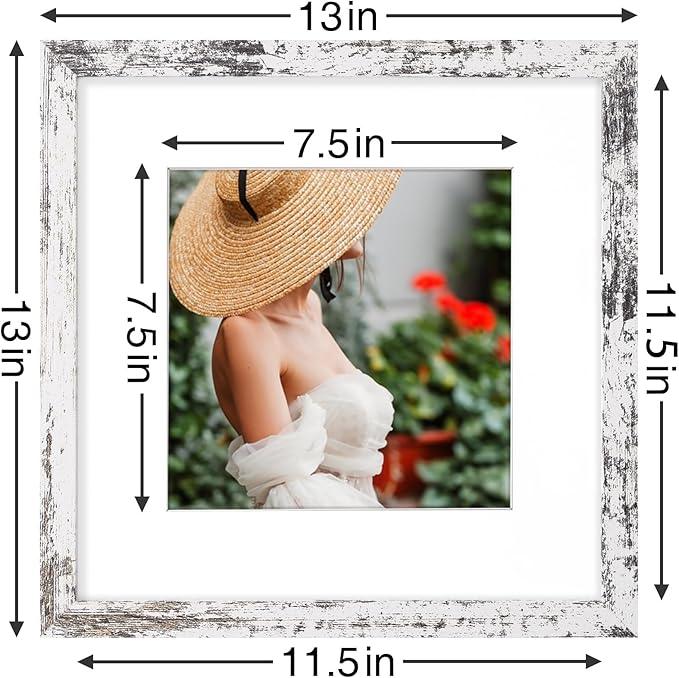 Vittanly 12x12 Picture Frames Set of 9, Shatter Resistant Plexiglass, Display 8x8 Pictures with Mat or 12x12 without Mat, Photo Frames for Wall Mount, Engineered Wood, Distressed White