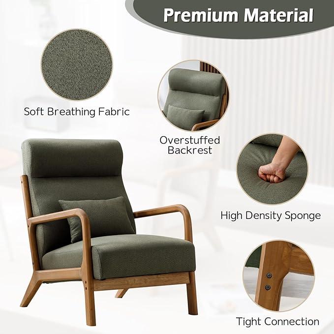 INZOY Mid Century Modern Accent Chair with High Back, Upholstered Living Room Chairs with Waist Cushion, Wood Frame Reading Armchair for Bedroom Sunroom, Green