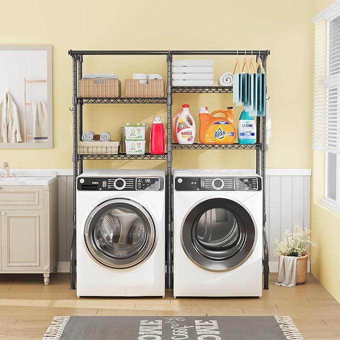 U14 Over Washer and Dryer Storage Shelves, 4 Tiers Laundry Room Storage and Organizer System, Space Saving Clothes Drying Rack with 2 Clothes Hanger Rods, 66.5