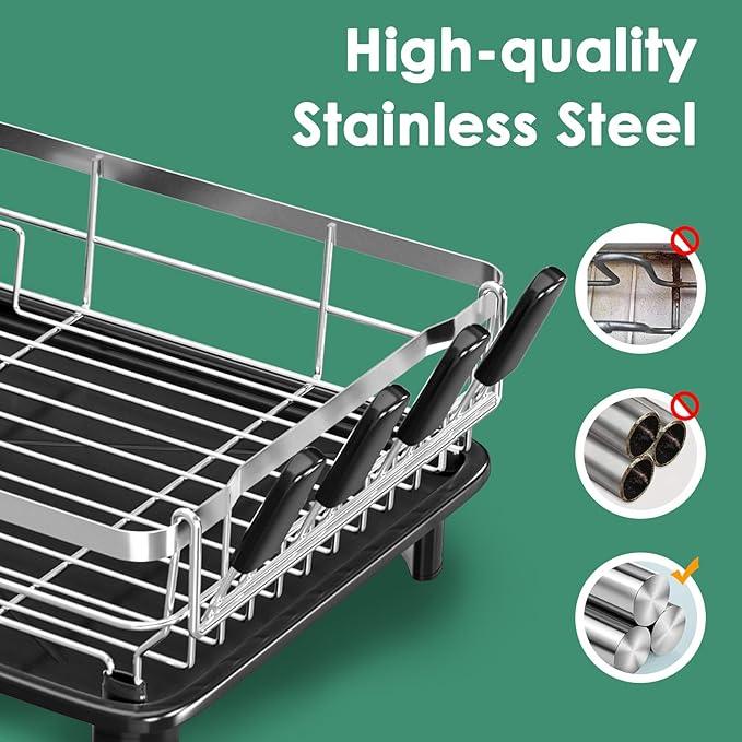 MOUKABAL Dish Drying Rack - Stainless Steel Dish Rack, Dish Racks for Kitchen Counter, Drying Rack Kitchen with Removable Utensil Holder, Drainboard and Glass Organizer (Black)