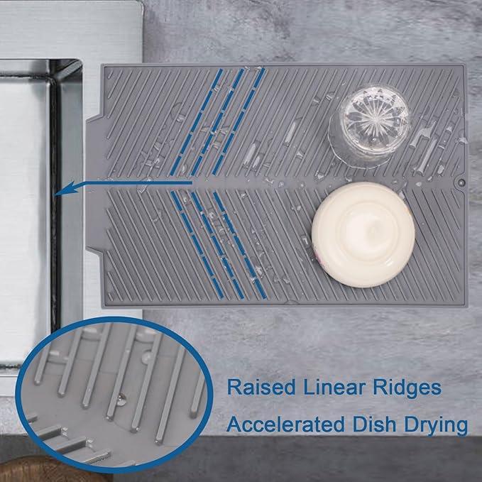 Silicone Dish Drying Mat for Kitchen Counter, 15''x 10'' Drying Mat with Drain Lip, Non-Slip Dish Drainer Mats with Built-in Drain, Heat Resistant Drain Pad on Countertop, Gray