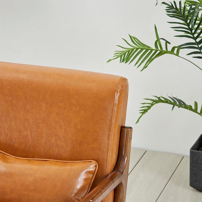 Glitzhome 2 Set Mid Century Yellowish Brown Accent Armchair, Single Reading Armchair PU Leather Lounge Chair with Walnut Ruberwood Frame