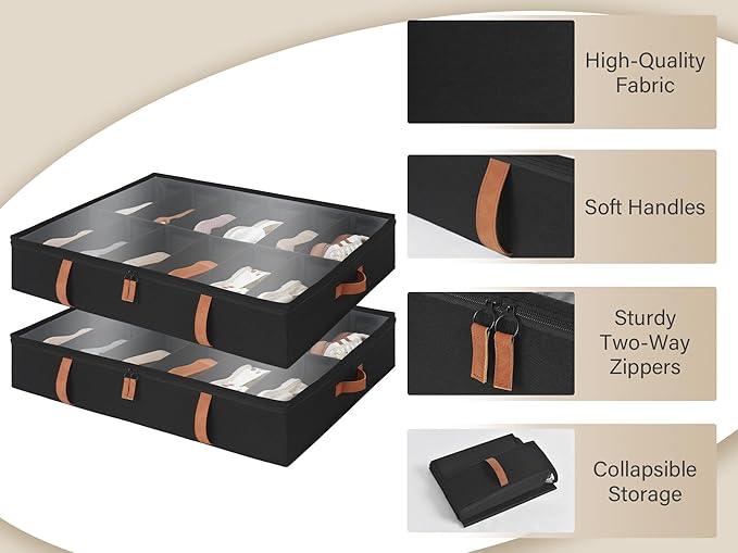 StorageWorks Shoe Organizer Under Bed for Closet, 2-Pack Ultra-thick Fabric Shoe Storage Containers with Bottom Support and Adjustable Dividers, Fits up to 24 Pairs, Black