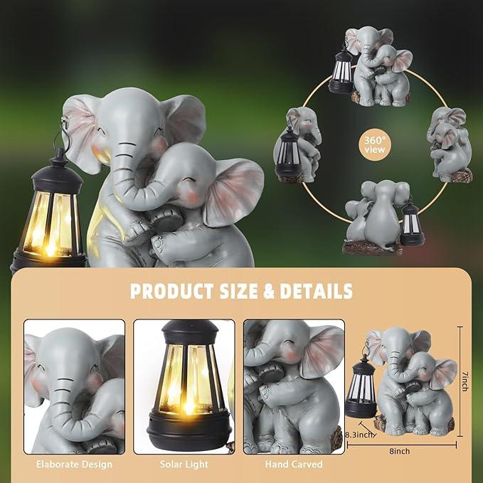 Solar Garden Decor - Mother Baby Elephant Statue with Solar Lantern 7