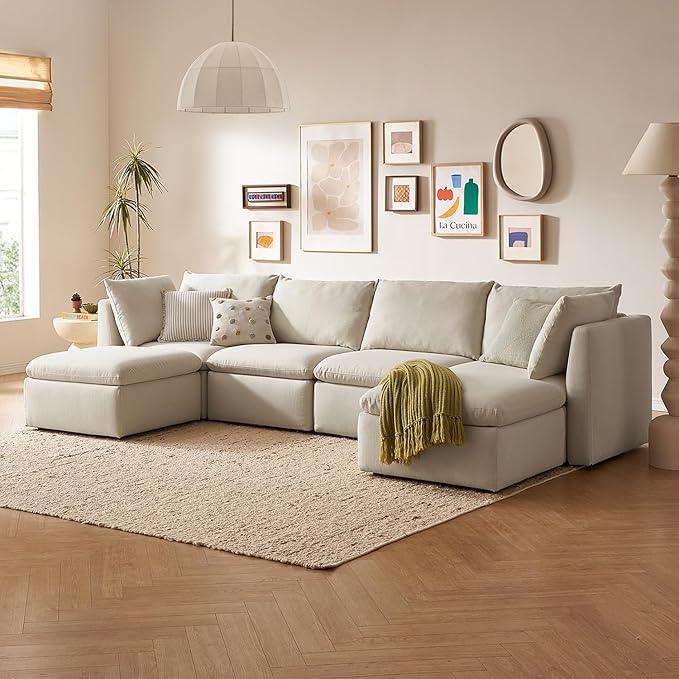 mopio Oversized Modular Sectional Sofa with Fully Removable Covers and Storage, Convertible U, L-Shaped and Sleeper Sectional, Modern Couches with Ottoman Chaise (Oat Fabric, 6 Seats, U)
