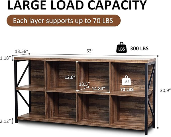 8 Cube Storage Organizer Bookshelf, Industrial Horizontal Bookcase, Accent Cubby Shelf, Media Console Table for Living Room, Home Office, 63 Inches, Light Oak