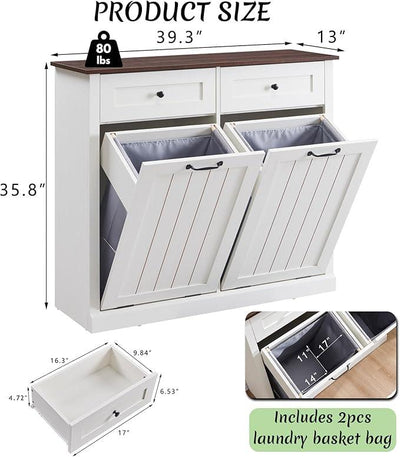 Double Tilt Out Laundry Hamper Cabinet, 20 Gallon Farmhouse Trash Can Cabinet with Drawer, Hidden Wood Garbage Can Bin Cabinets with Laundry Storage Basket for Bathroom, Kitchen (Antique White)