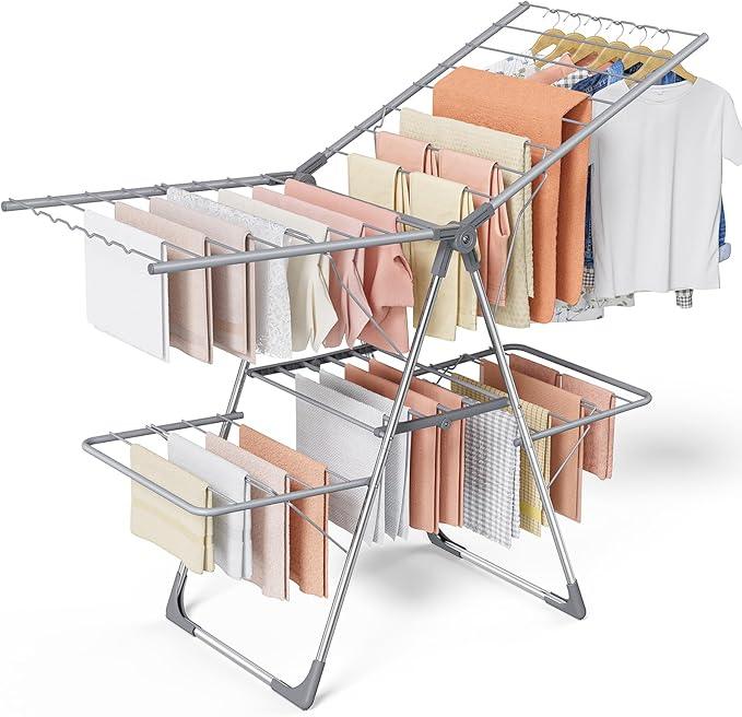 Clothes Drying Rack - Foldable Laundry Drying Rack for Clothing & Bedding, Easy-to-Assemble, Space-Saving Metal Airer with Non-Slip Feet, Indoor & Outdoor Use, 55.5