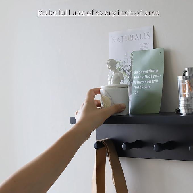 Entrance Coat Rack ，Coat Hooks, Wall-Mounted Wooden Hook Rack, Wall-Mounted Shelves are Very Suitable (Black Finish-2)