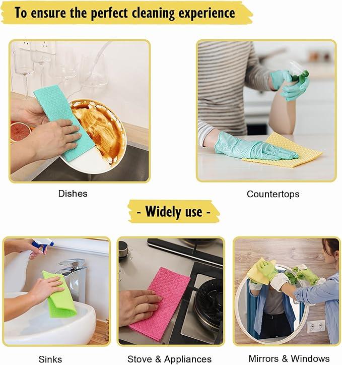 Swedish Dishcloths for Kitchen | 10 Pack Absorbent Cellulose Sponge Cloths Washable | Non-Scratch Reusable Paper Towels Quick Drying Cleaning Rag - White